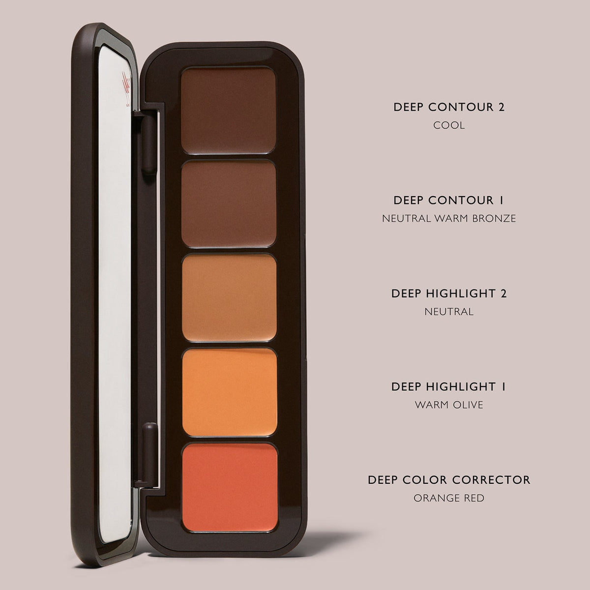 m.ph by Mary Phillips Underpainting Face Highlight & Contour Palette – Deep, swatches de los 5 tonos