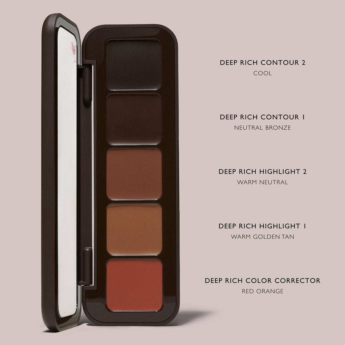 m.ph by Mary Phillips Underpainting Face Highlight & Contour Palette – Deep Rich, swatches de los 5 tonos