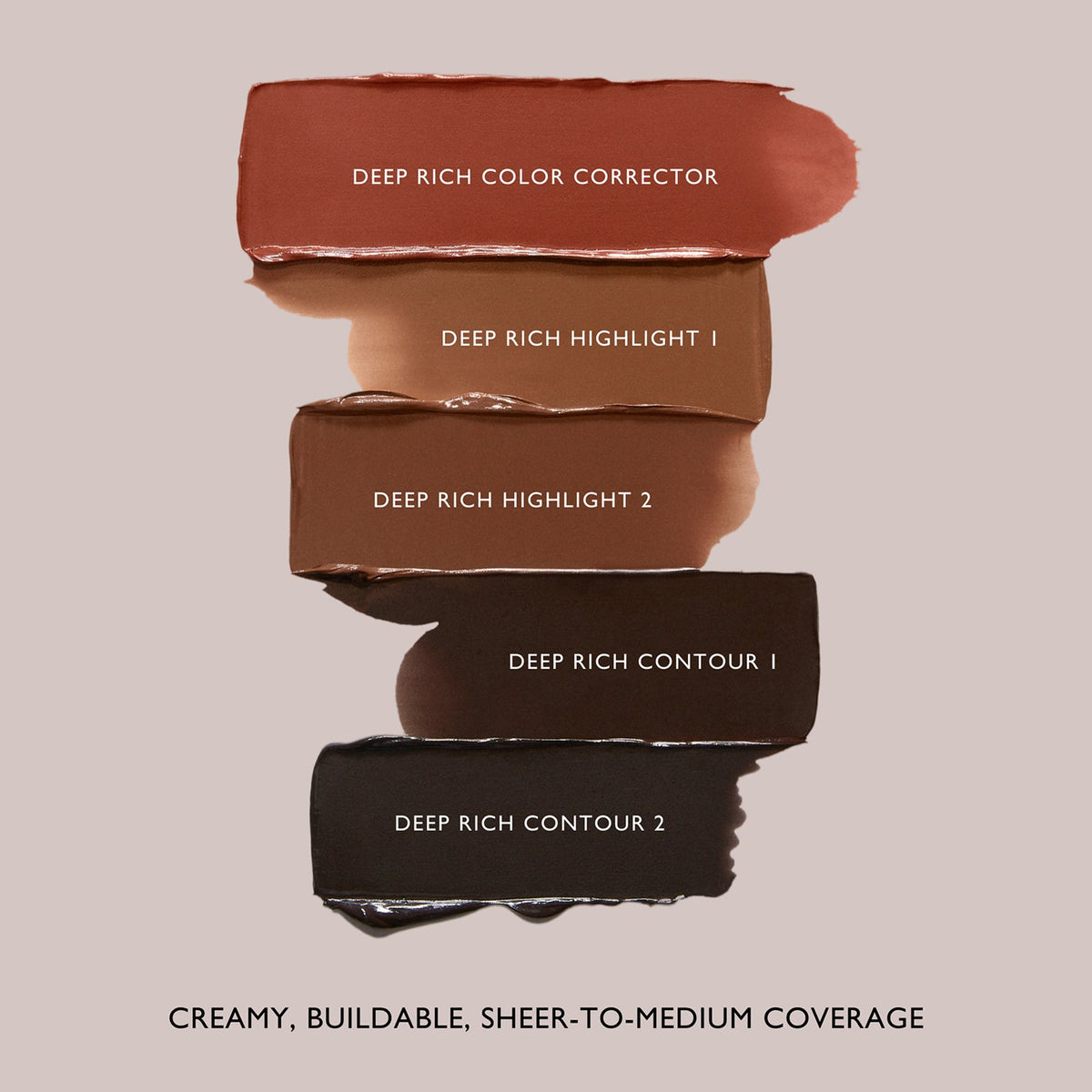 m.ph by Mary Phillips Underpainting Face Highlight & Contour Palette – Deep Rich, swatches en crema