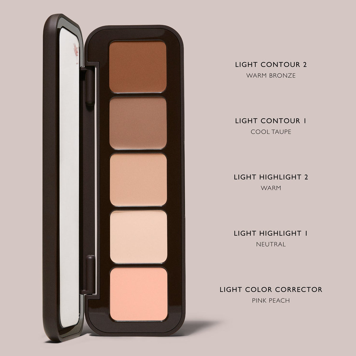 m.ph by Mary Phillips Underpainting Face Highlight & Contour Palette – Light, swatches de los 5 tonos