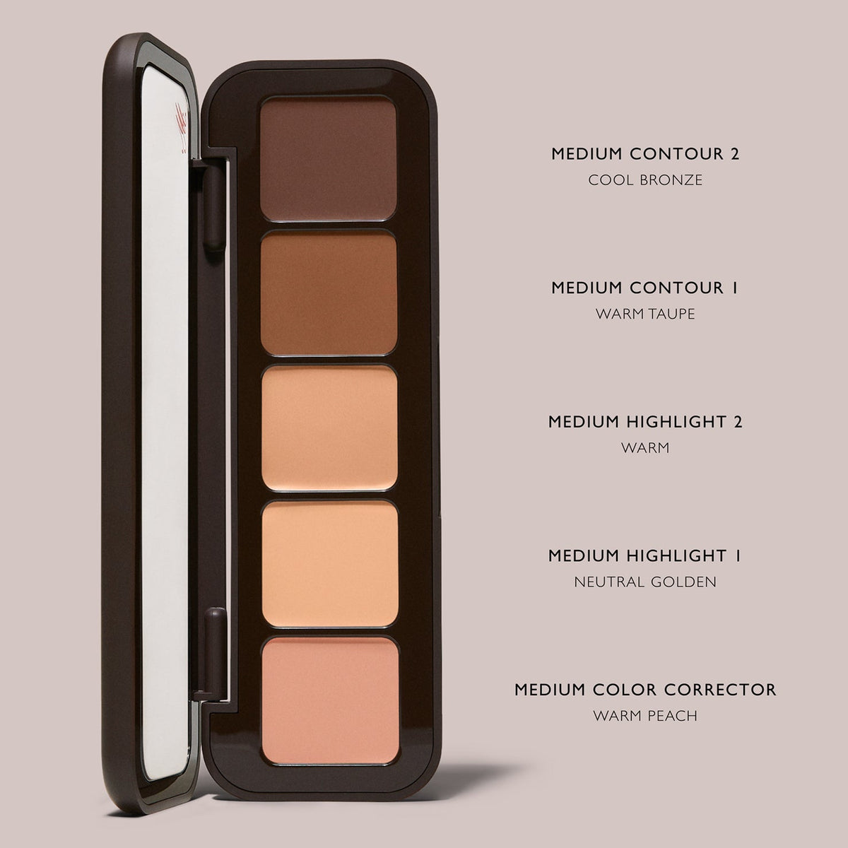 m.ph by Mary Phillips Underpainting Face Highlight & Contour Palette – Medium, swatches de los 5 tonos