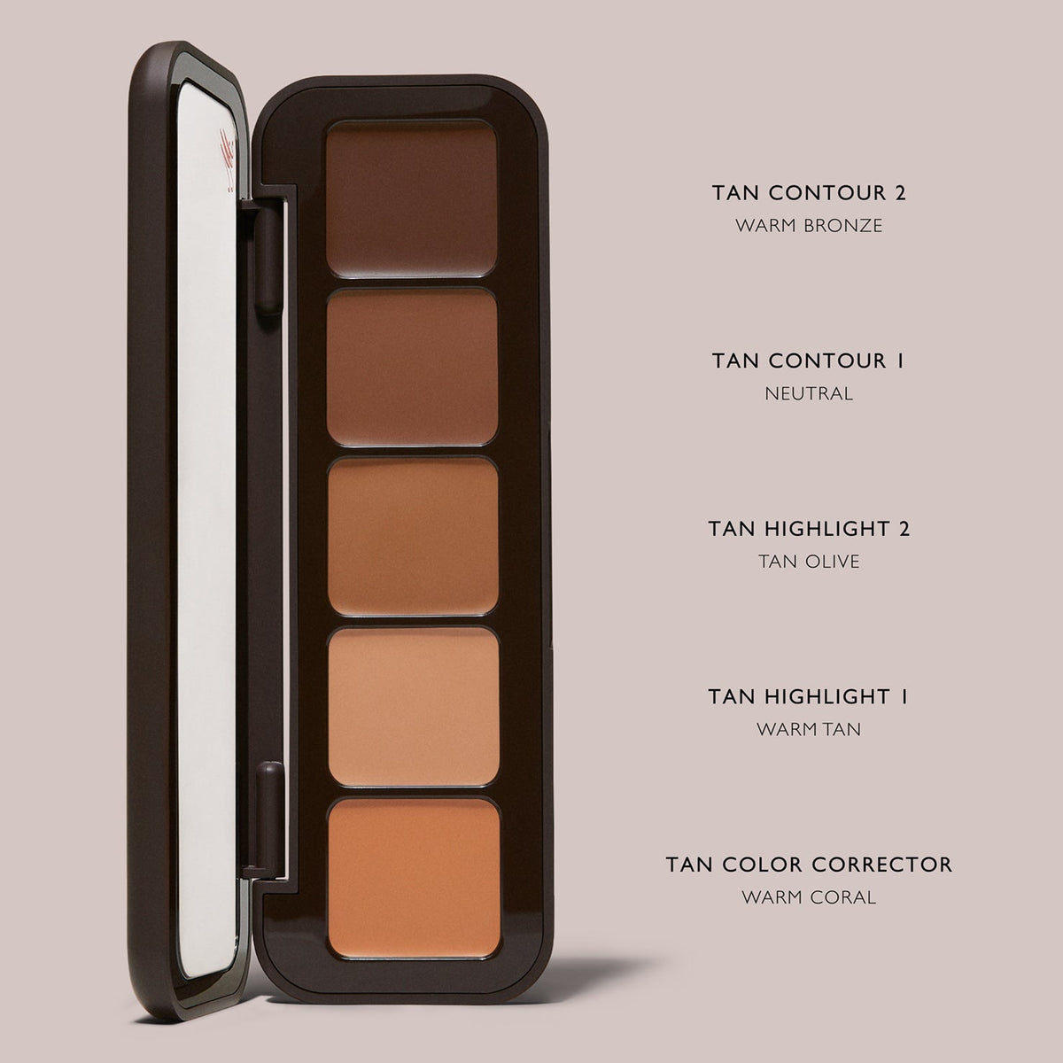 m.ph by Mary Phillips Underpainting Face Highlight & Contour Palette – Tan, swatches de los 5 tonos