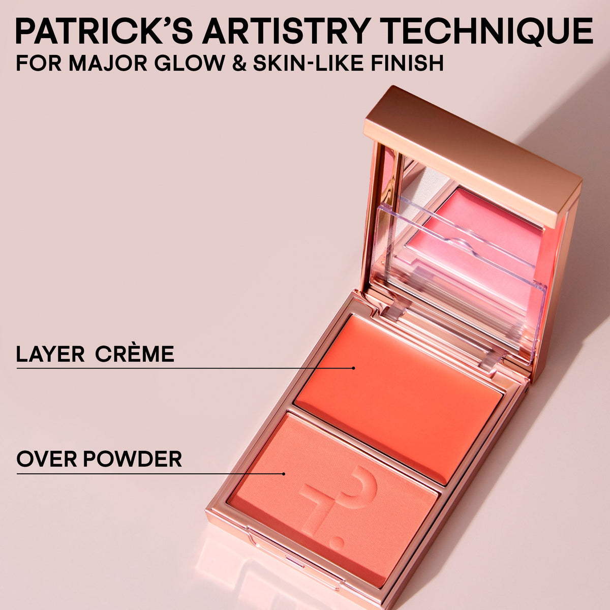 PATRICK TA Mini Major Headlines Double-Take Blush Duo, técnica de crema y polvo