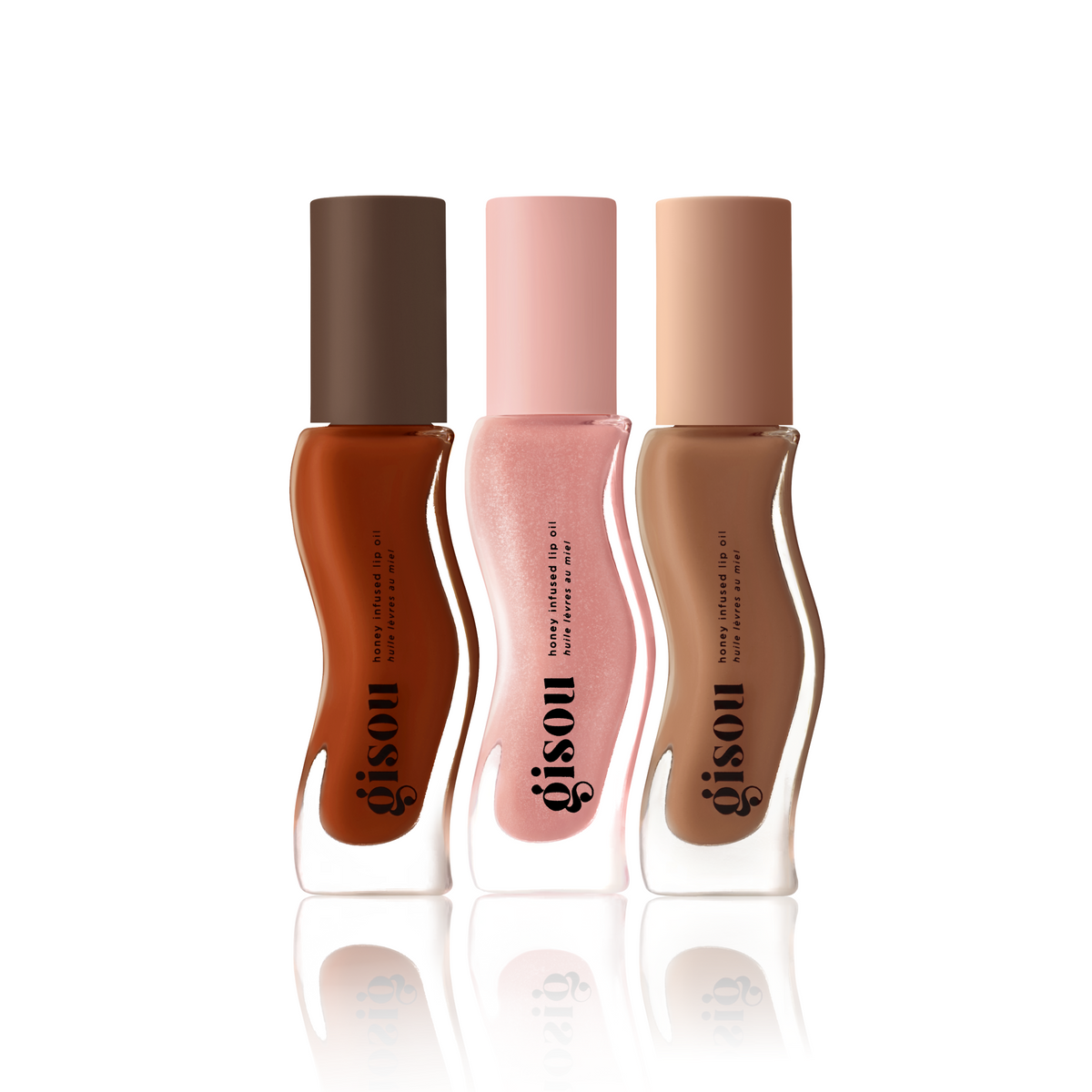 Gisou Fall Collection Lip Trio: three Honey Infused Lip Oils — Pink Praline, Cherry Chocolate y Sticky Toffee