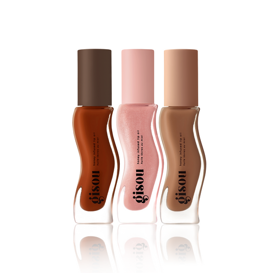 Gisou Fall Collection Lip Trio: three Honey Infused Lip Oils — Pink Praline, Cherry Chocolate y Sticky Toffee