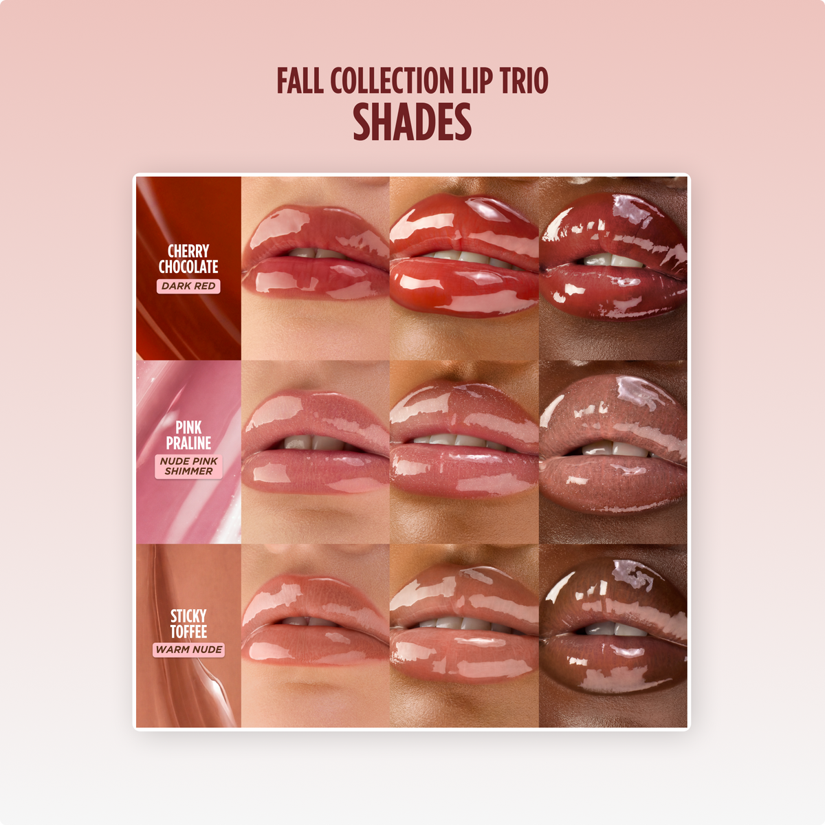 Gisou Fall Collection Lip Trio — Cherry Chocolate, Pink Praline y Sticky Toffee